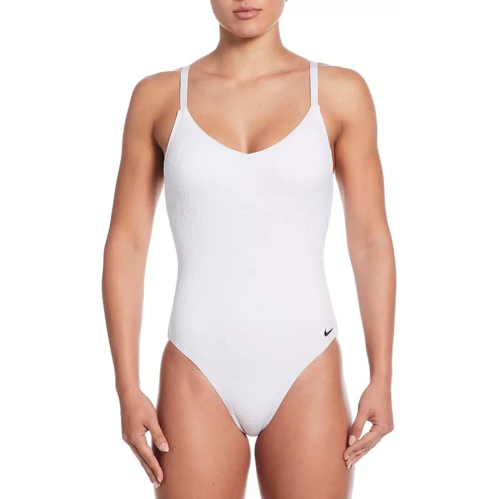 Nike Women'S V-Neck Jacquard One-Piece Swimsuit White Size‎ L MSRP $90 - Picture 8 of 16